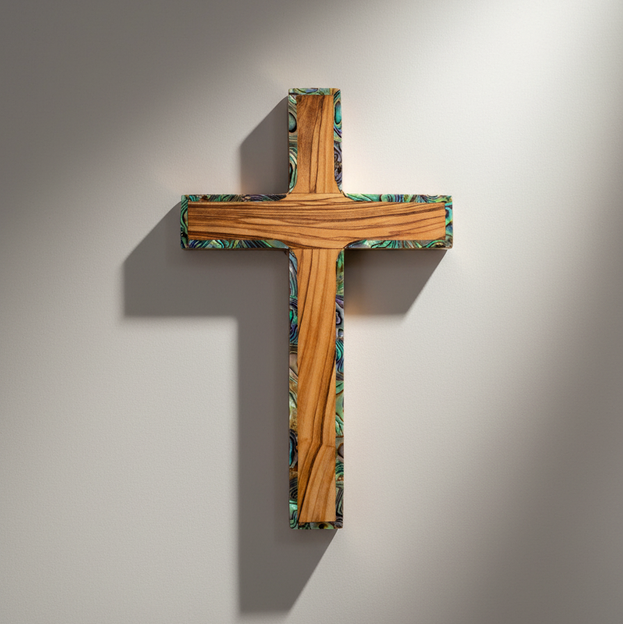Wall Cross, 6.3", 14 Stations Engraved, Holy Land Olive Wood with Mother of Pearl