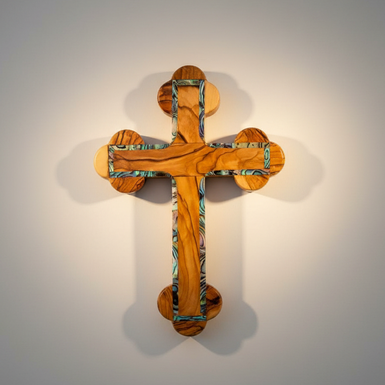 Wall Cross, 7.1" , Budded Olive Wood with Mother of Pearl from Holy Land