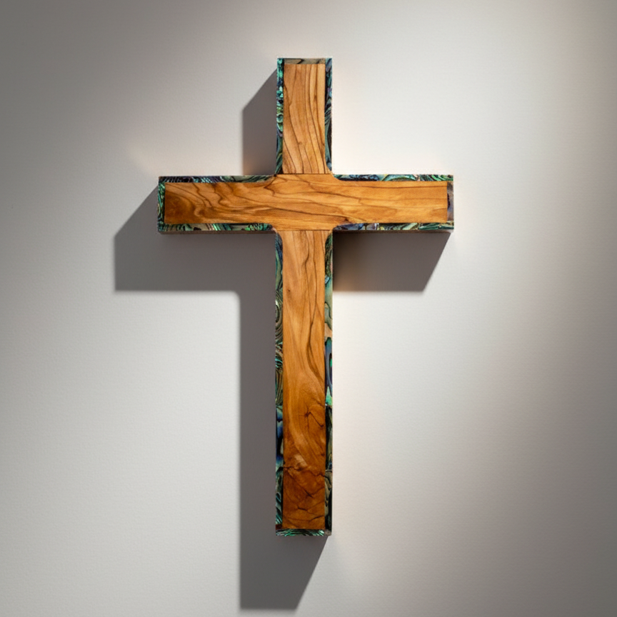 Wall Cross, 9" Olive Wood with Mother of Pearl, Holy Land