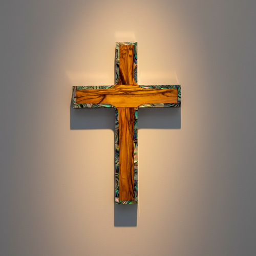 religious mother of pearl religious gift from Bethlehem, 10 inch front view of the olive wood masterpiece