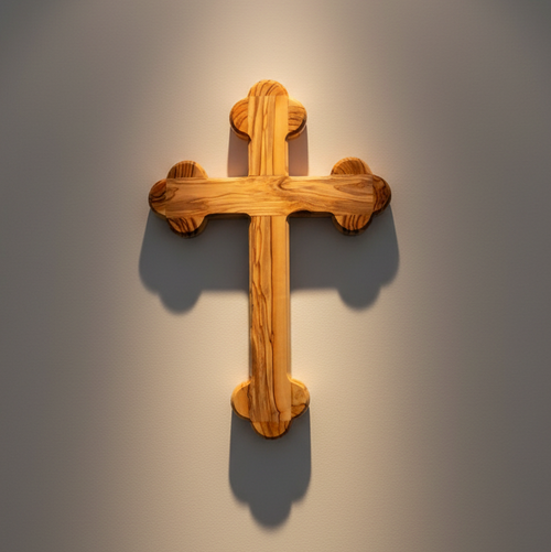 Olive wood wall cross hand carved in Bethlehem, 13 inch front view of the olive wood masterpiece