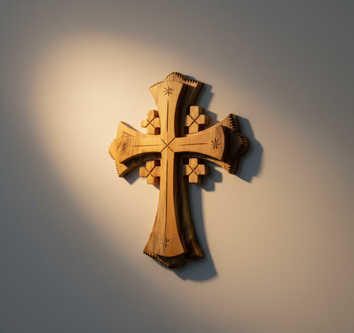 Olive wood wall cross hand carved in Bethlehem, 7.1 inch front view of the olive wood masterpiece