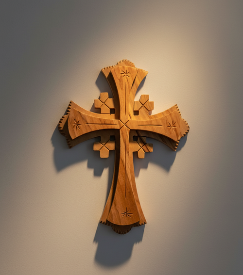 Olive wood wall cross hand carved in Bethlehem, 6.1 inch front view of the olive wood masterpiece