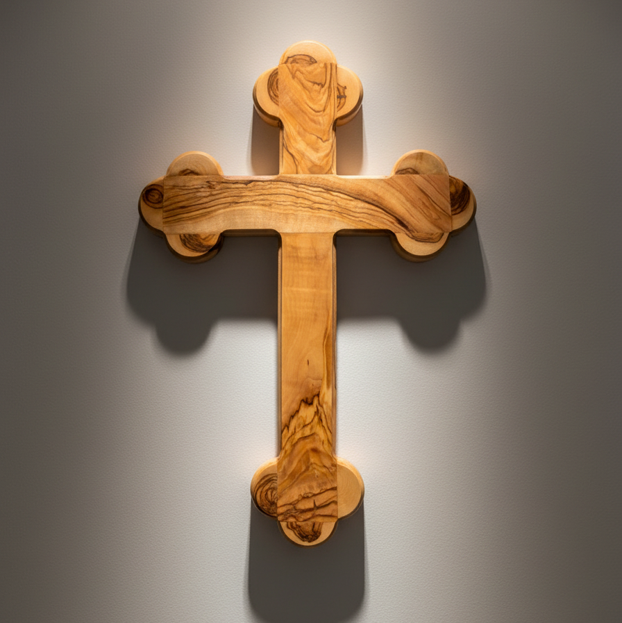 Wall Cross, 15.4", Budded, 14 Stations Engraved, Holy Land Olive Wood