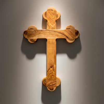 Wall Cross, 15.4", Budded, 14 Stations Engraved, Holy Land Olive Wood