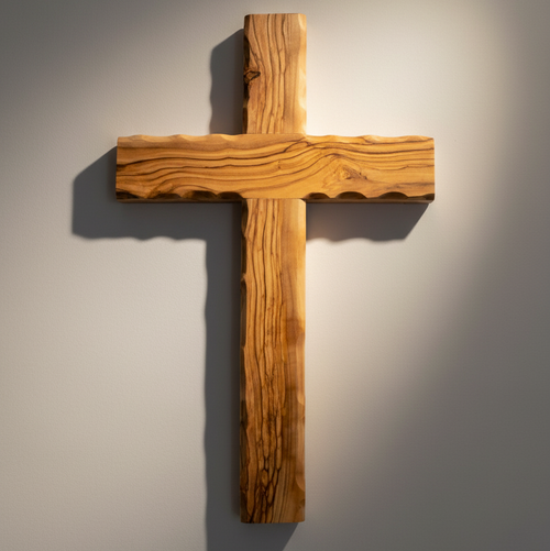 Olive wood wall cross hand carved in Bethlehem, 13.8 inch front view of the olive wood masterpiece