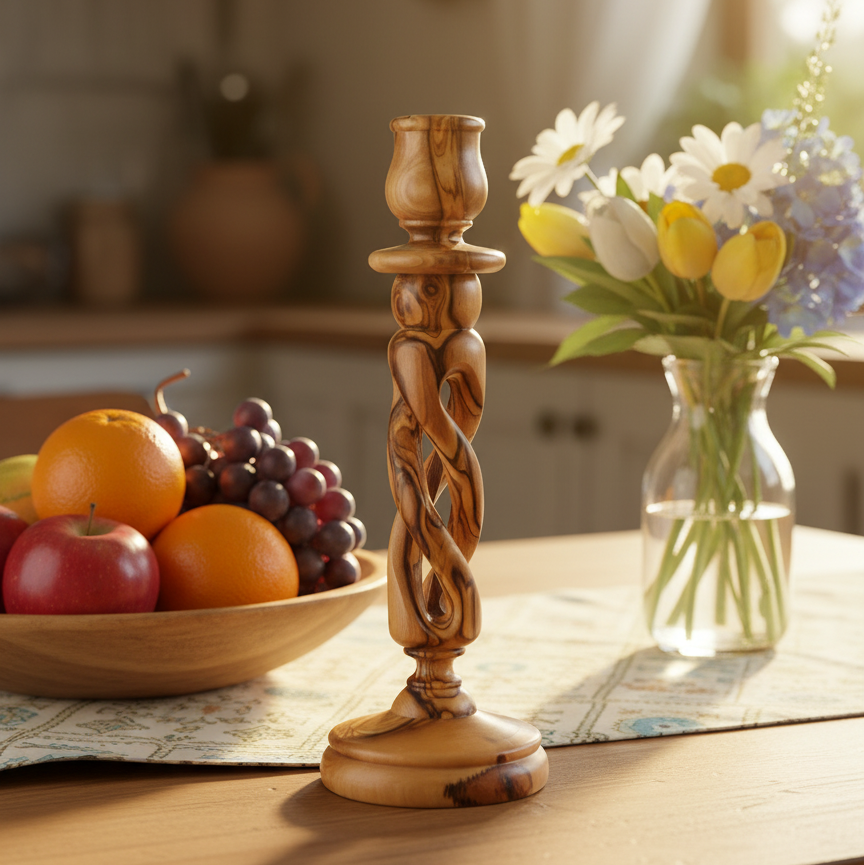 Elegant Olive Wood Candle Holder 7.5" Tall