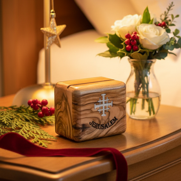 Jerusalem Cross Wooden Rosary Holder, Olive Wood with Mother of Pearl Cross