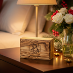 Wooden box with engraved image of a religious figure and 'Jerusalem' text on a white background
