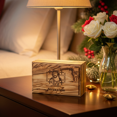 Wooden box with engraved image of a religious figure and 'Jerusalem' text on a white background