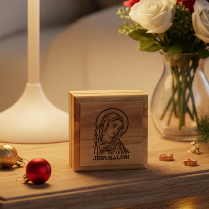 Virgin Mary Engraved Rosary or Ring Box Jerusalem Olive Wood