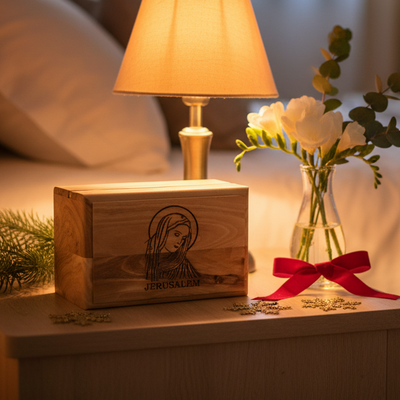 Virgin Mary Rosary or Ring Box (Jerusalem) Engraved Olive Wood from Holy Land