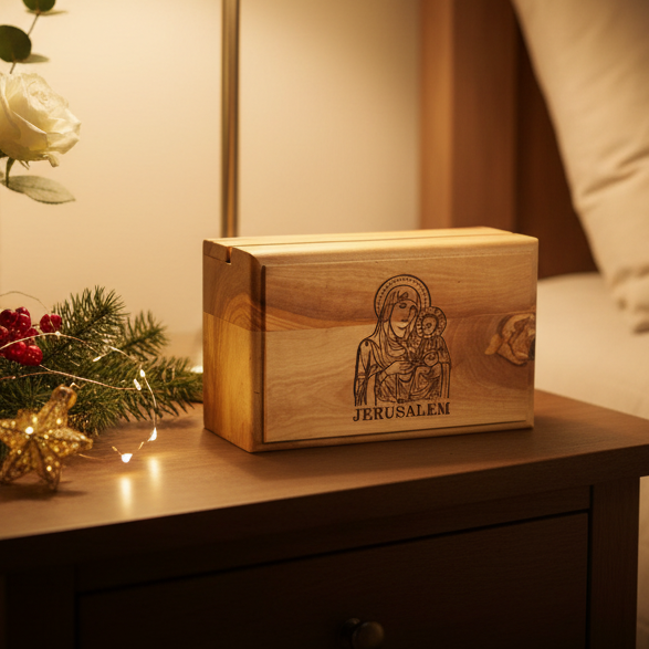 Virgin Mary with Baby Jesus Hand Carved Olive Wood Box (Jerusalem)
