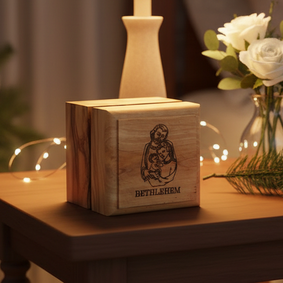 Square Hand Carved Holy Family Olive Wooden Box