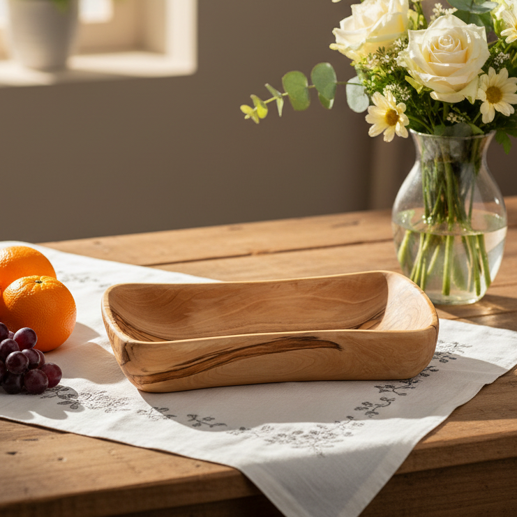 Hand carved teak rectangle olive wood bowl from Bethlehem