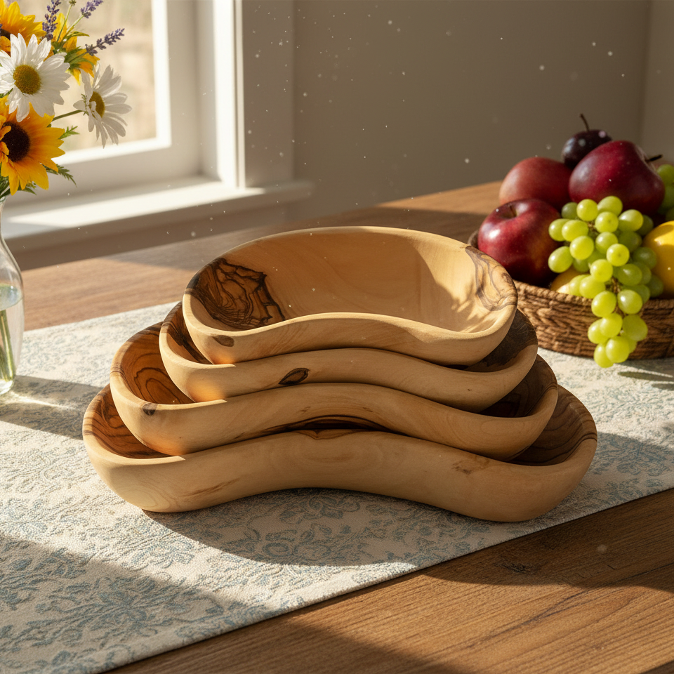 Olive wood tableware hand made in Bethlehem, front view of the olive wood masterpiece