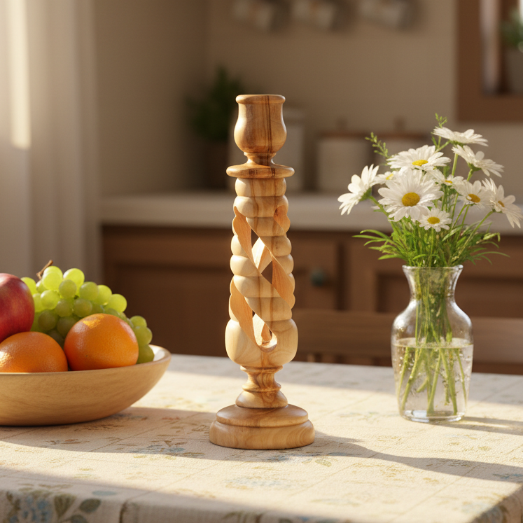 6.1" Olive Wood Candle Holder with Hollow Twist