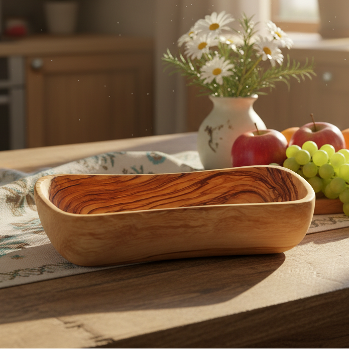 Hand carved teak rectangle olive wood bowl from Bethlehem