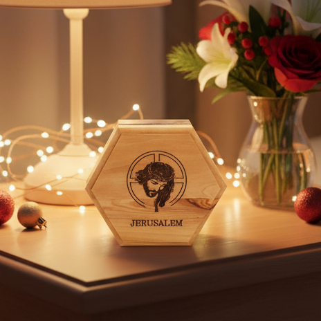 Jesus Christ Wooden Rosary Holder (Jerusalem), Hexagon