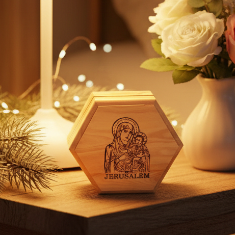 Virgin Mary with Baby Jesus Wooden Rosary Holder (Jerusalem) Hexagon