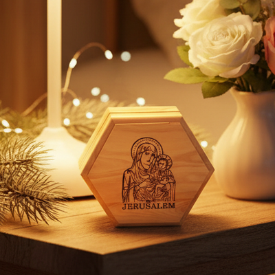 Virgin Mary with Baby Jesus Wooden Rosary Holder (Jerusalem) Hexagon