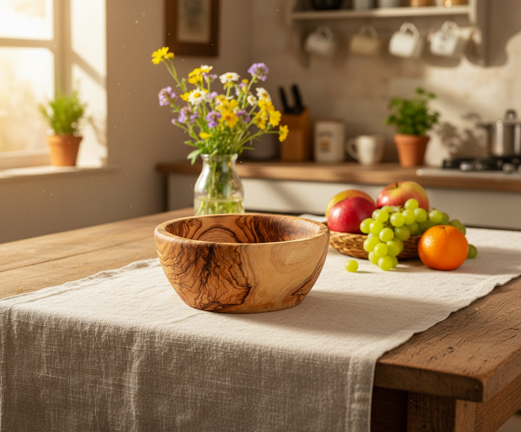 Hand carved round olive wood serving bowl from Bethlehem