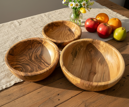 Olive wood tableware hand made in Bethlehem, front view of the olive wood masterpiece