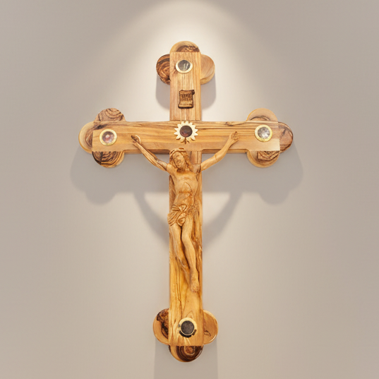 21" Crucifix and Corpus Hand Carved Olive Wood with 5 souvenirs from the Holy Land