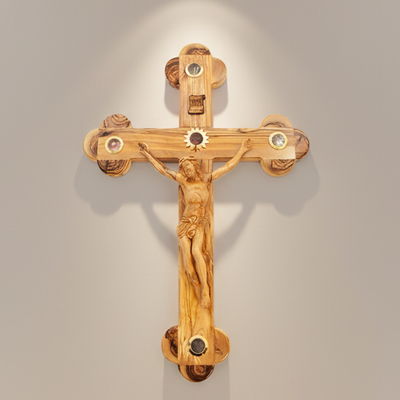 21" Crucifix and Corpus Hand Carved Olive Wood with 5 souvenirs from the Holy Land