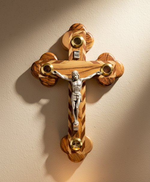 Olive wood crucifix hand carved in Bethlehem, 7.1 inch front view of the olive wood masterpiece