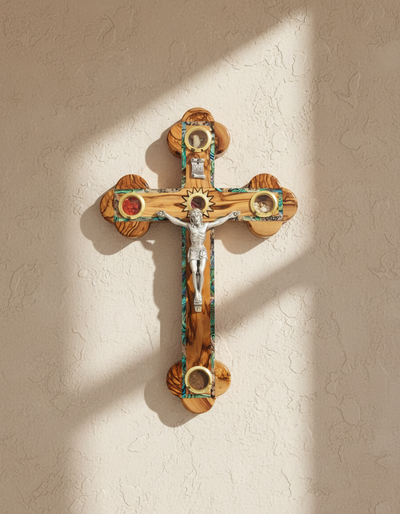 13.2" Wall Crucifix with 5 Holy Land Essences (Olive Wood and Mother of Pearl)
