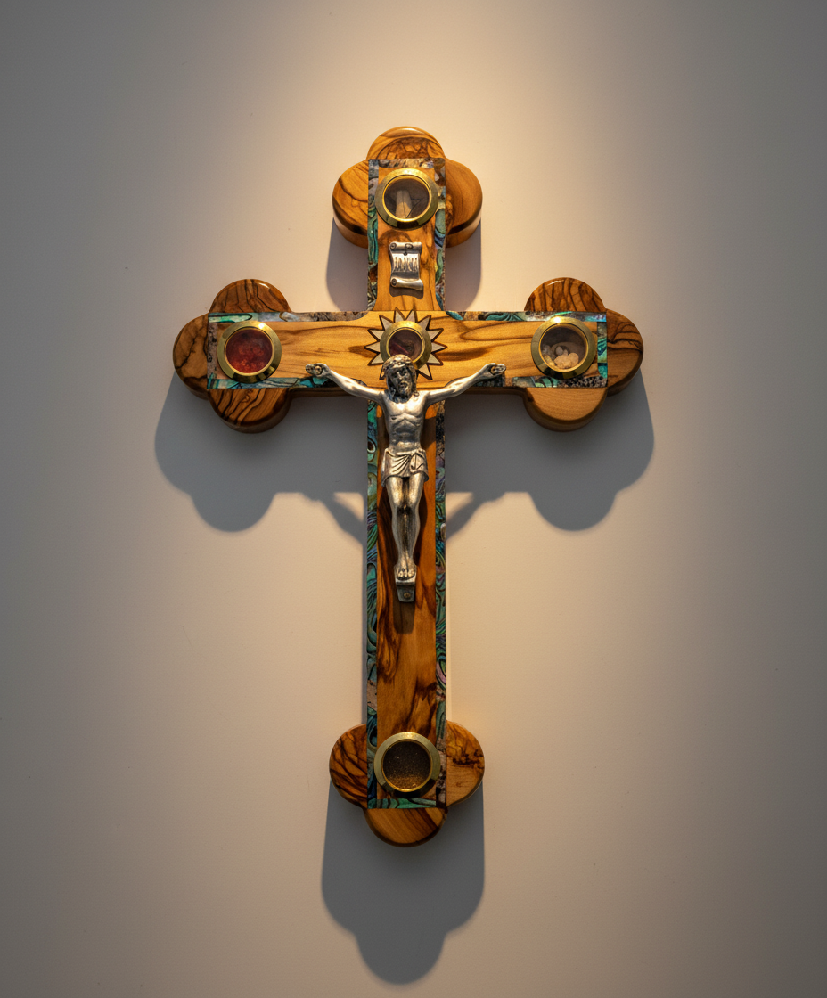 15.4" Crucifix, Cross Olive Wood/ Mother of Pearl with 5 Holy Land Essences
