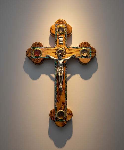 Olive wood crucifix hand carved in Bethlehem, 15.4 inch front view of the olive wood masterpiece