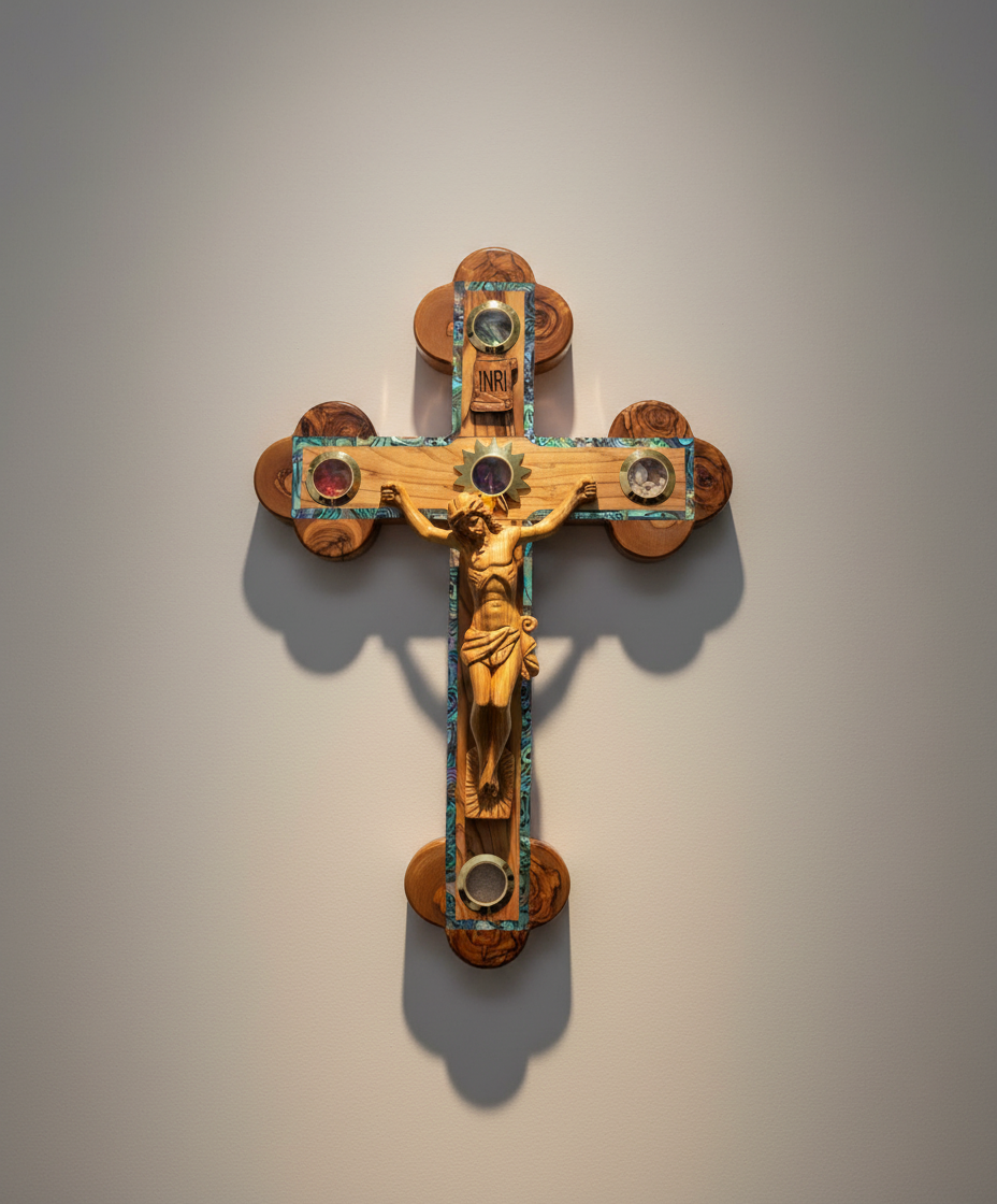 15.4" Wall Crucifix, Cross w/ Hand Carved Corpse, Olive Wood and Abalone, 5 Holy Land Essences