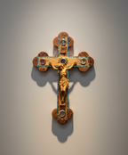 15.4" Wall Crucifix, Cross w/ Hand Carved Corpse, Olive Wood and Abalone, 5 Holy Land Essences