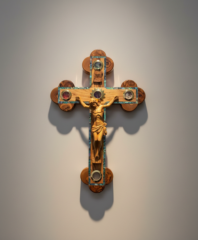 15.4" Wall Crucifix, Cross w/ Hand Carved Corpse, Olive Wood and Abalone, 5 Holy Land Essences