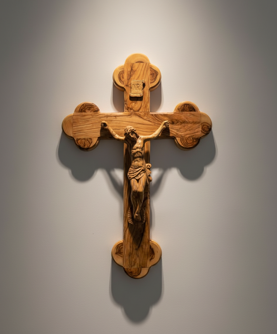 15" Budded Crucifix, Corpus Hand Carved from Holy Land Olive Wood