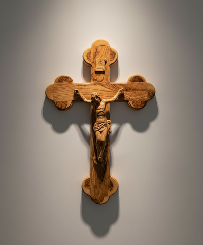 15" Budded Crucifix, Corpus Hand Carved from Holy Land Olive Wood