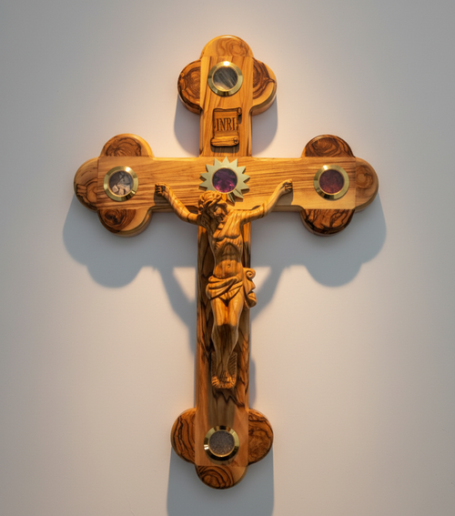 Olive wood crucifix hand carved in Bethlehem, 15.4 inch front view of the olive wood masterpiece