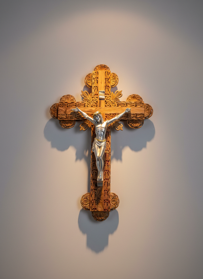22.8" Crucifix, Intricately Carved with (Gold / Silver Plated Corpus)