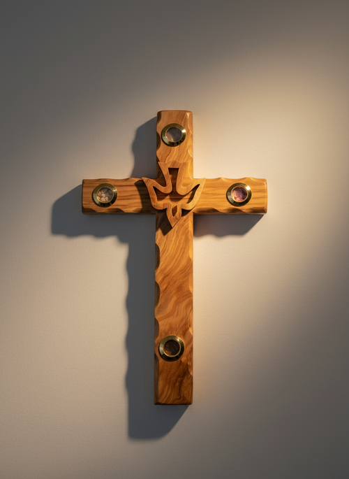 Holy Spirit olive wood wall cross from Bethlehem, 9.8 inch front view of the olive wood masterpiece