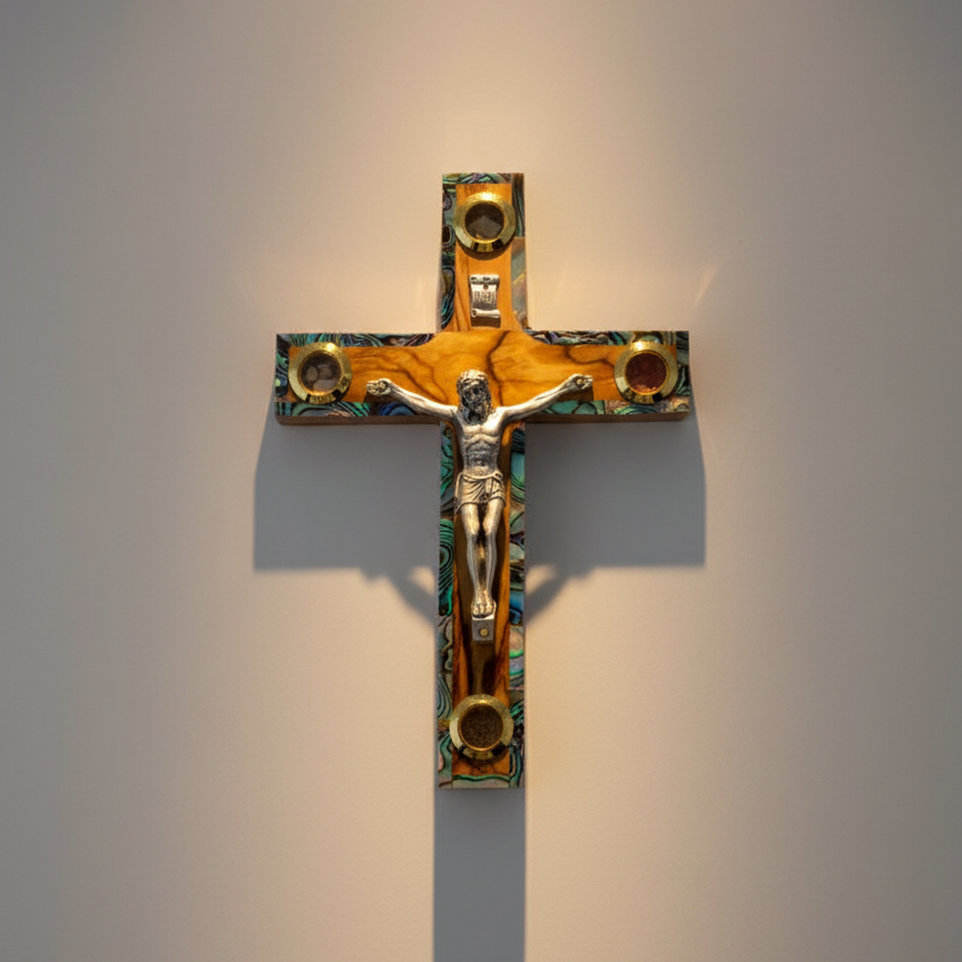Olive wood crucifix hand carved in Bethlehem, 6.3 inch front view of the olive wood masterpiece