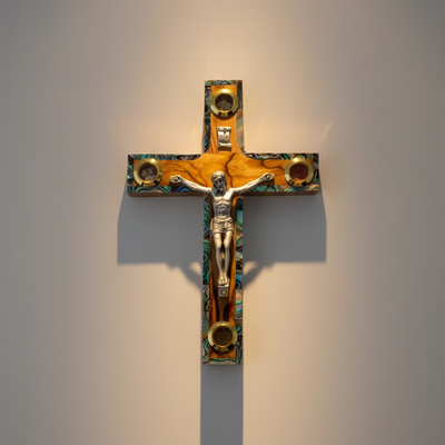 6.3" Wall Crucifix, Cross with Olive Wood and Mother of Pearl