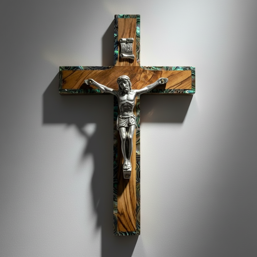 7.9" Crucifix, Wooden Cross with Mother of Pearl