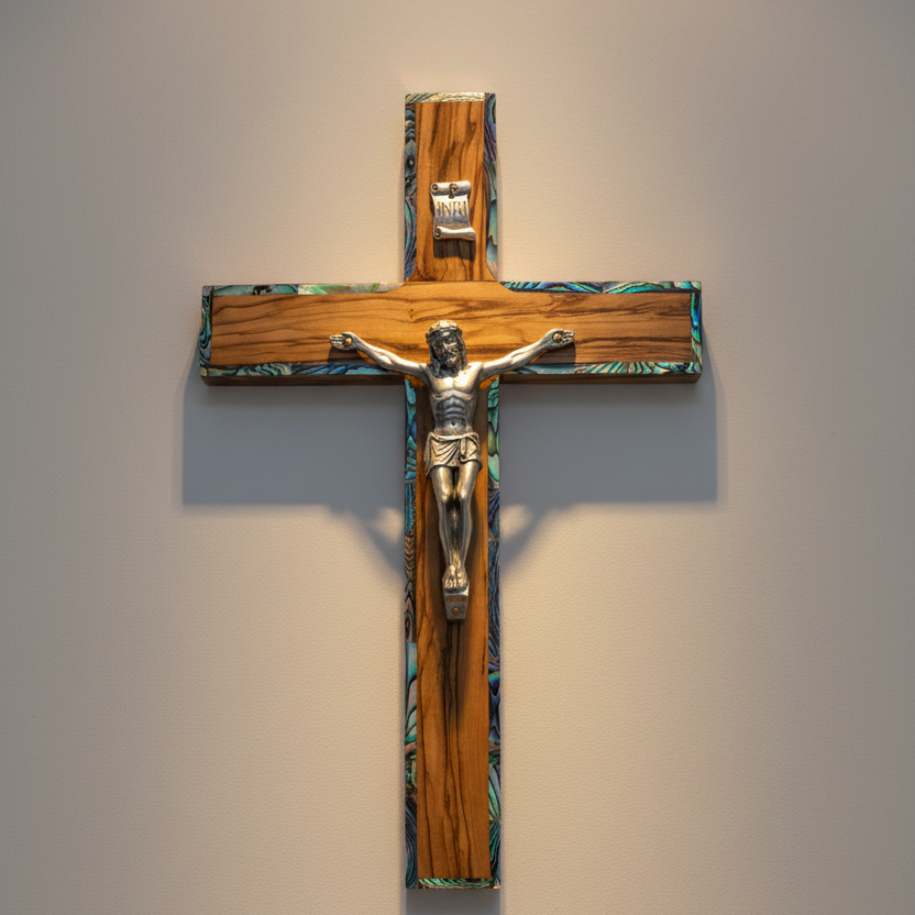 9.8" Crucifix, Wooden Mother of Pearl with Olive Wood Crucifix