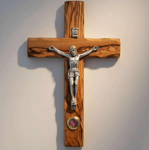 Olive wood crucifix hand carved in Bethlehem, 5 inch front view of the olive wood masterpiece