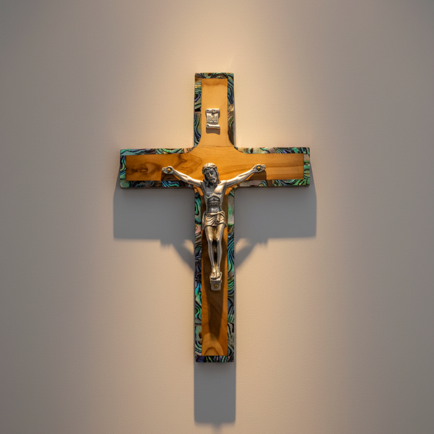 6.3" Crucifix, Hand Made Olive Wood and Mother of Pearl