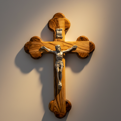 8.7" Crucifix, Budded Cross Silver Plated Corpus Made in Holy Land