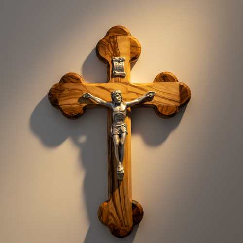 Olive wood crucifix hand carved in Bethlehem, 8.7 inch front view of the olive wood masterpiece
