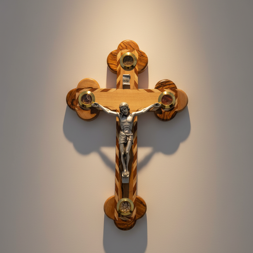 Olive wood crucifix hand carved in Bethlehem, 8.7 inch front view of the olive wood masterpiece